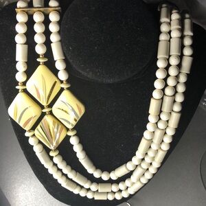 Vintage Multi-Strand Cream Bead Necklace with Yellow Accent Pendants